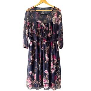 Candalite Dress Women L‎ Blue Floral Semi Sheer Midi Wedding Guest Cottagecore